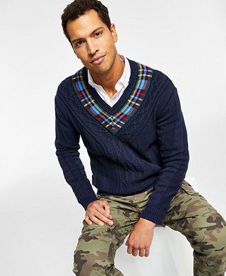 Nautica Men's Reissue Plaid Cable-Knit V-Neck Sweater - Macy's