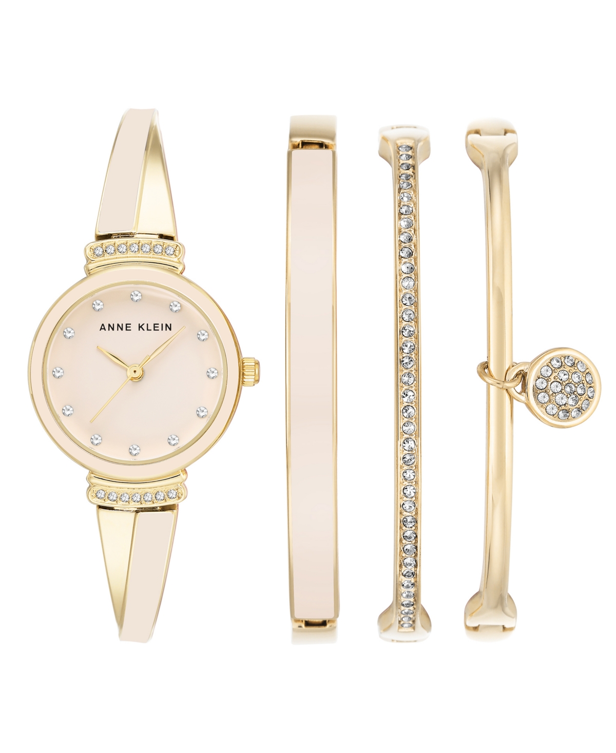Anne Klein Women's Gold-tone Alloy Bangle With Pink Enamel Fashion Watch 33.5mm And Bracelet Set In Pink,gold-tone