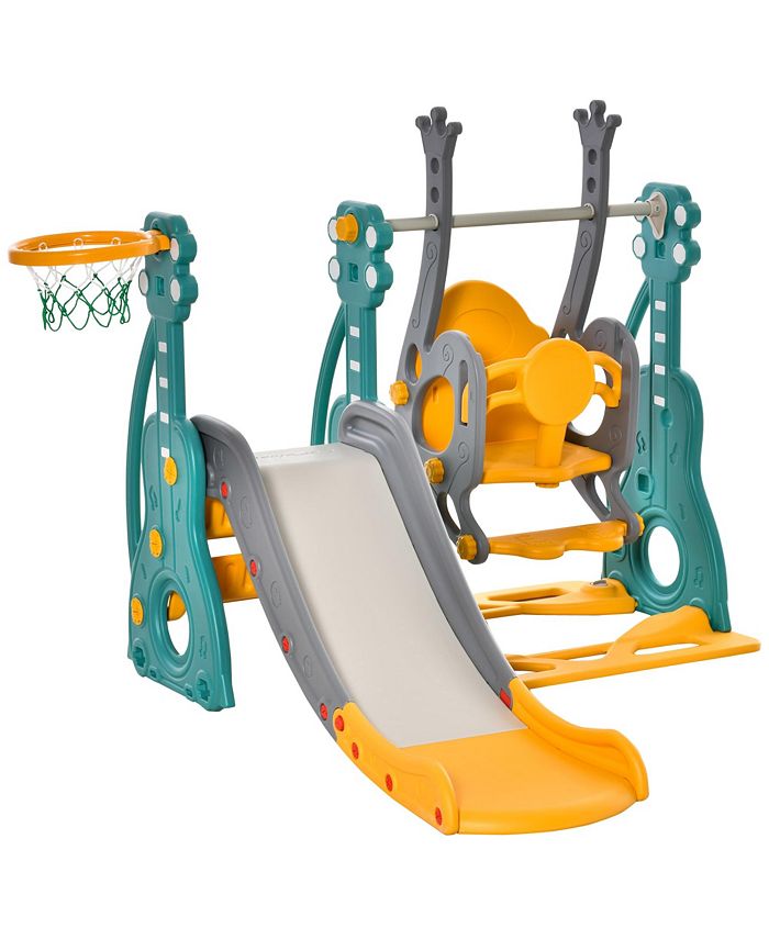 Qaba 3in1 Kids Swing Slide Outdoor Activity Center Set Basketball Hoop ...