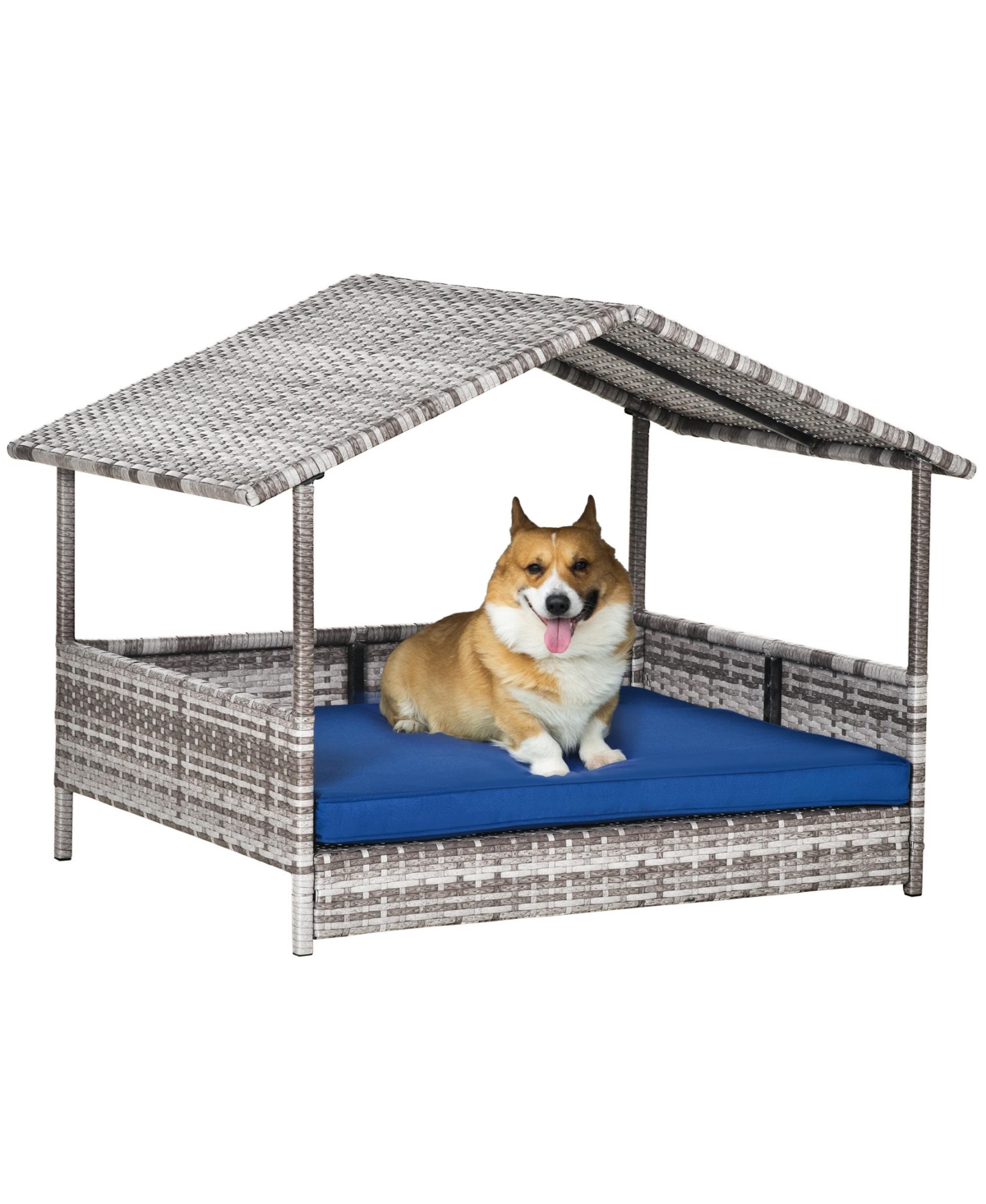 Elevated Wicker Dog House, Raised Rattan Pet Bed Cabana Canopy, Blue - Blue