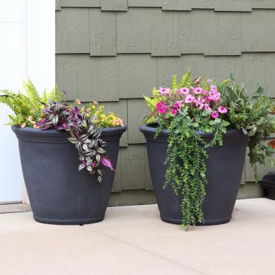 Anjelica 24" Outdoor Double-Walled Polyresin Planter with UV-Resistant Slate Finish - Set of 2