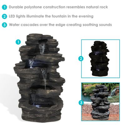 Rock Falls 39-Inch Polystone Outdoor Water Fountain with LED Lights