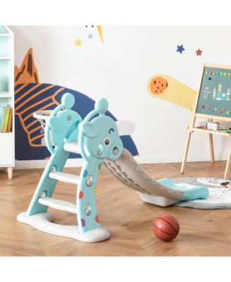 2 in 1 Kids Wide Slide with Rails and Basketball Hoop, Blue