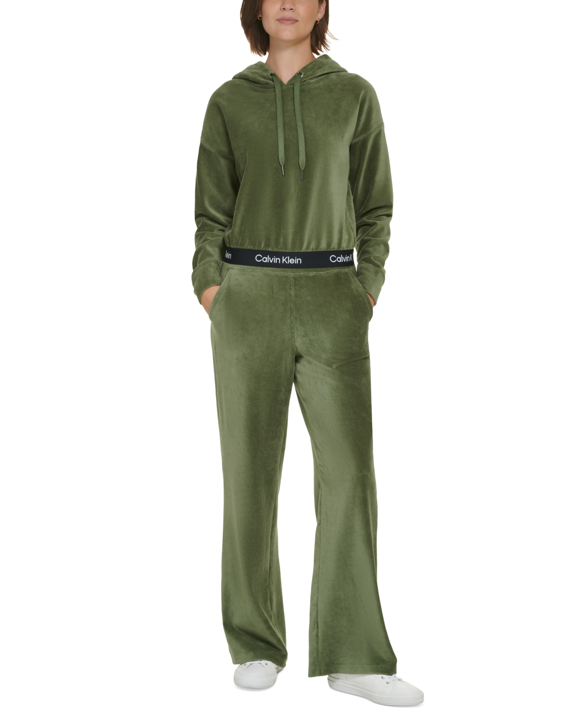 Calvin Klein Performance Women s Logo Elastic Long sleeve Pullover Velour Hoodie In Green ModeSens