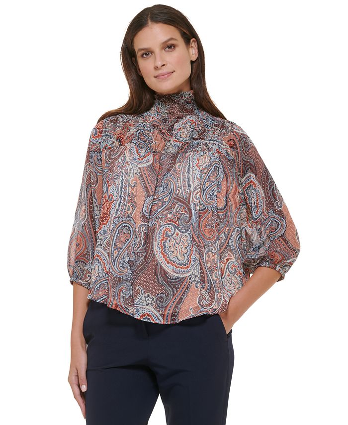 Tommy Hilfiger Women's PaisleyPrint Smocked HighNeck ElbowSleeve