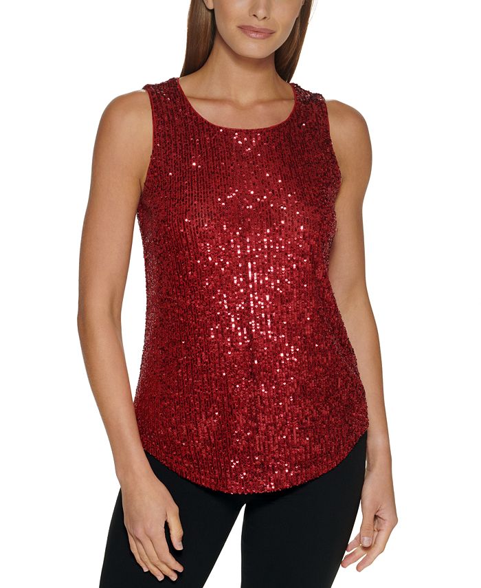 DKNY Women's Sequined Sleeveless Crewneck Blouse & Reviews Tops