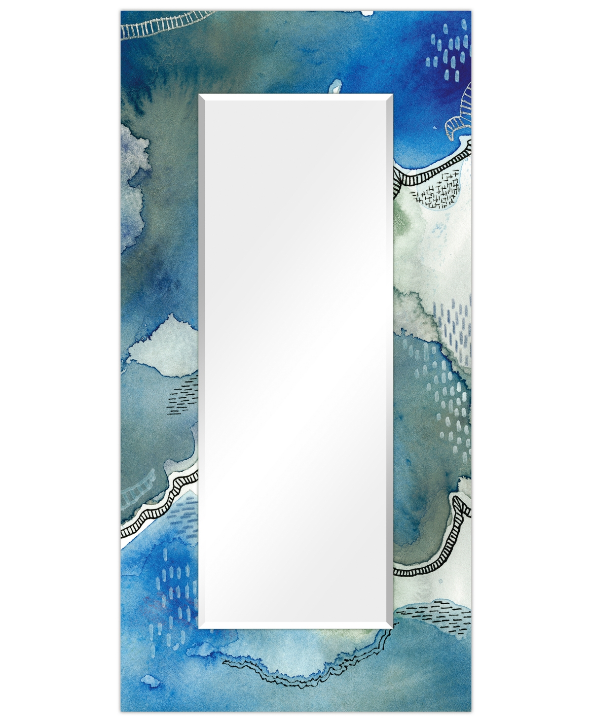 'Subtle Blues' Rectangular On Free Floating Printed Tempered Art Glass Beveled Mirror, 72" x 36" - Multicolor