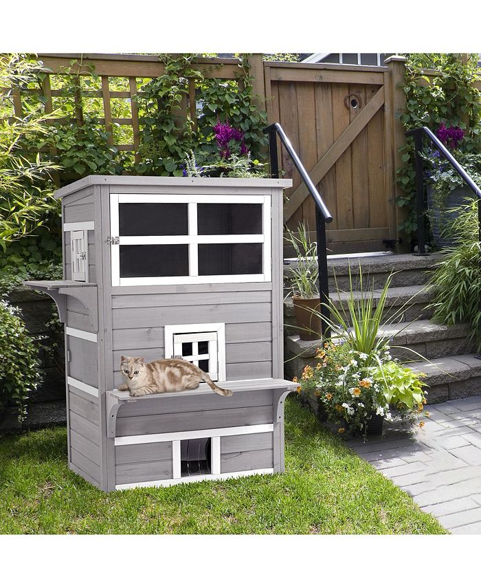 PawHut Cat House Outdoor 3Tier Kitty Shelter, Weather Resistant Escape Door Macy's