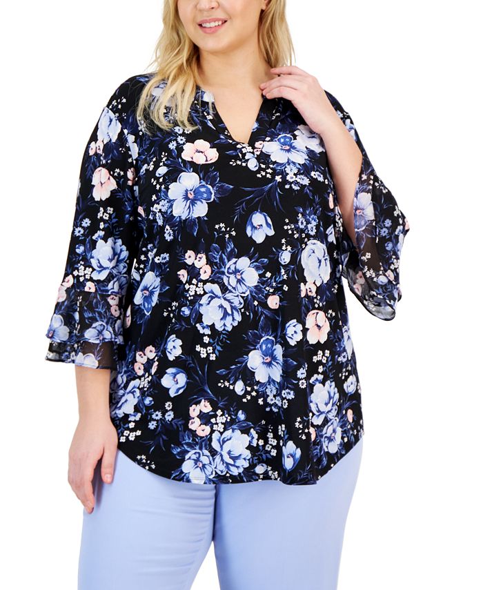 Plus Size Floral V-Neck Balloon Sleeve Blouse