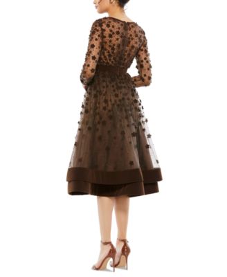 Women's Embellished Illusion High Neck Long Sleeve Fit & Flare Dress