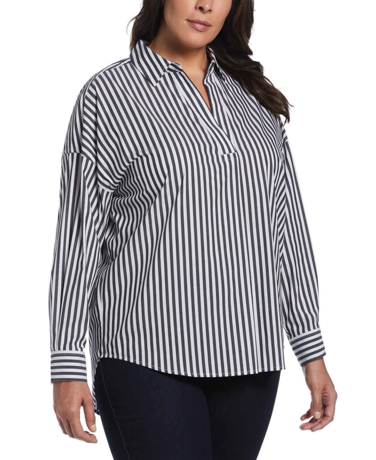 Ella Rafaella Plus Size Stripe Poplin Popover Long Sleeve Blouse