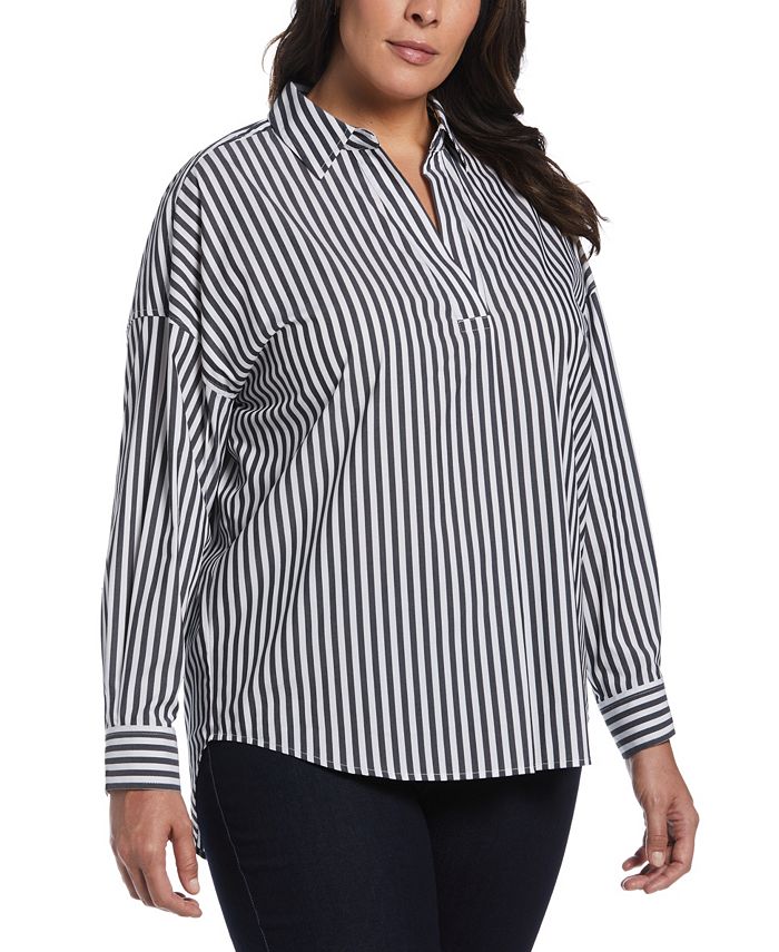 ELLA Rafaella Plus Size Stripe Poplin Popover Long Sleeve Blouse