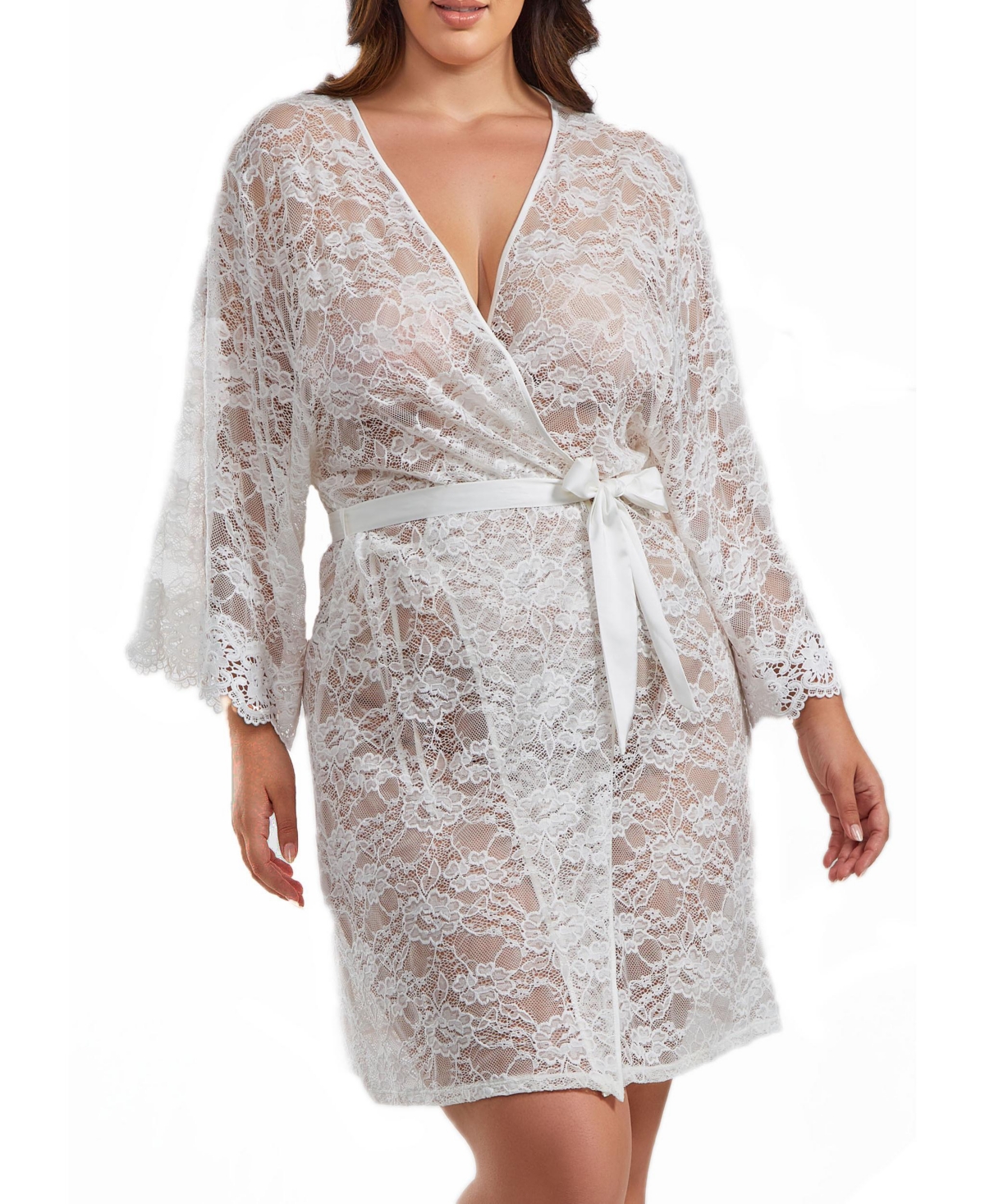 Icollection Jasmine Plus Size Soft Sheer Lace Robe With Self Tie Satin Sash In White
