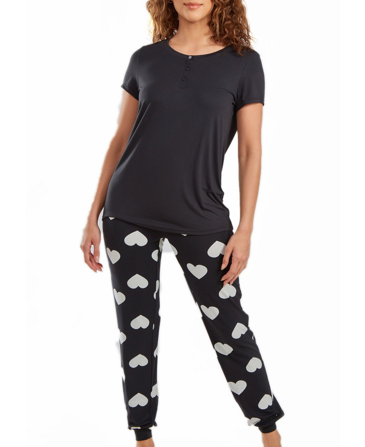 Icollection Women's Kind Heart Modal T-shirt And Jogging Pant Pajama In Comfy Cozy Style, 2 Piece In Cream-black
