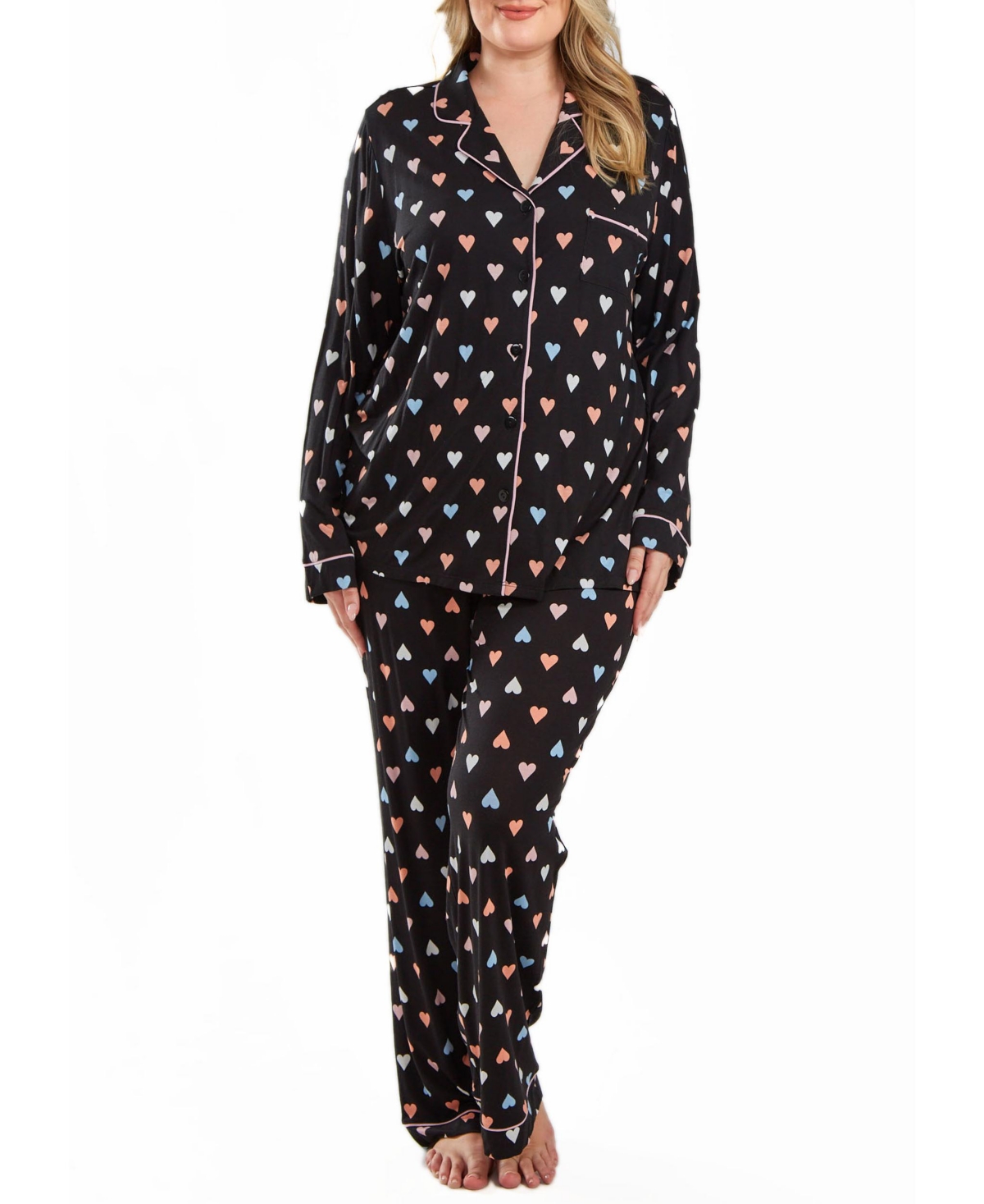 Icollection Tobey Plus Button Down Modal Pajama Pant Set With Pink Contrast Trim In Pink-black