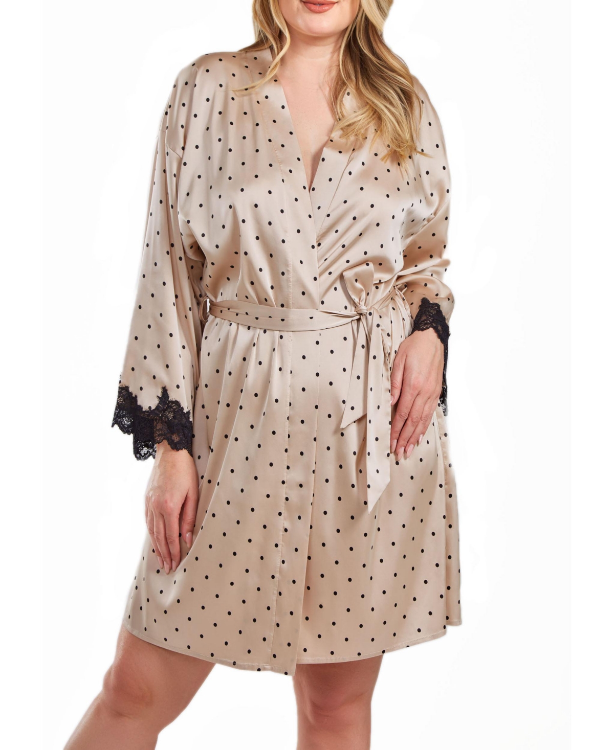 Shop Icollection Kareen Plus Size Dotted Satin Robe With Lace Trimmed Sleeves And Self Tie Sash In Beige