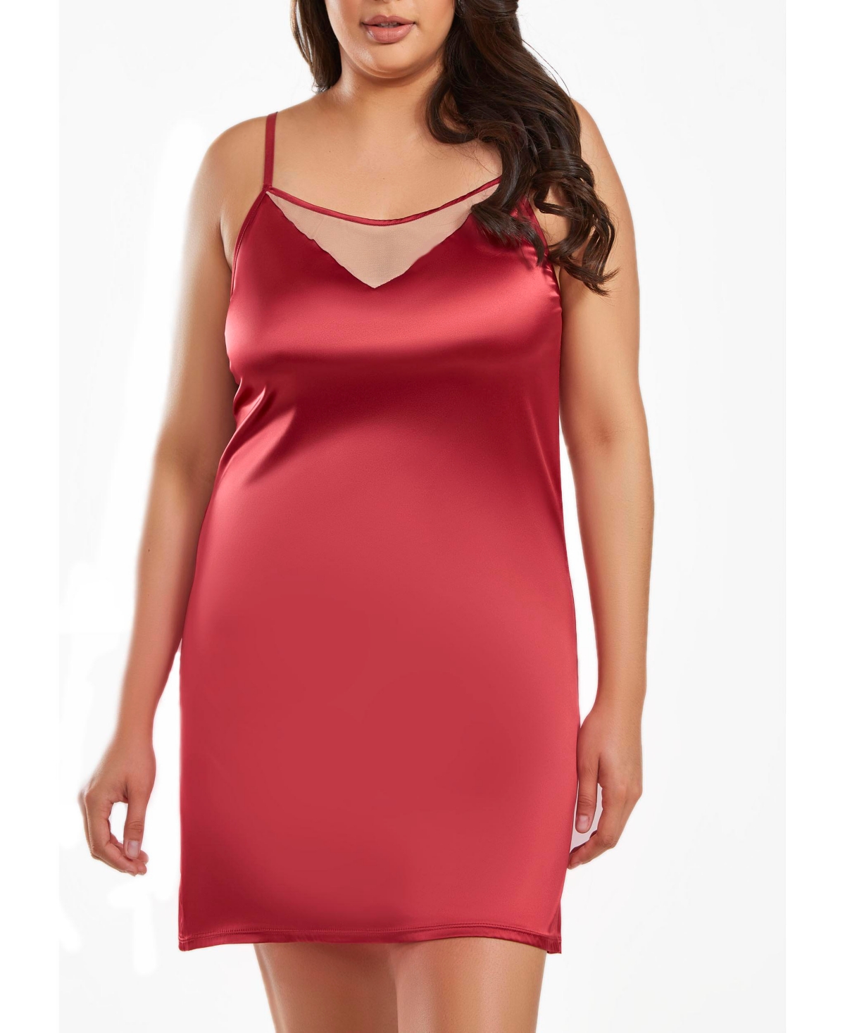 Shop Icollection Jenna Plus Size Contrast Nude And Burgundy Satin Chemise