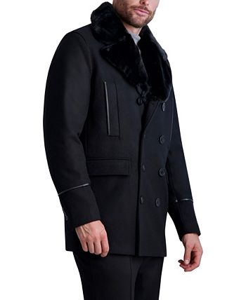 Karl Lagerfeld Paris Men's Wool Peacoat w/ Faux Fur Collar