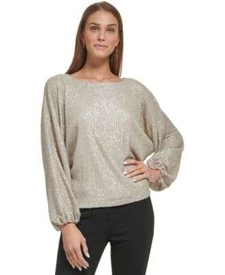 DKNY Women s Boat Neck Dolman Sleeve Sequin Top Macy s