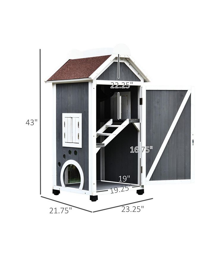 PawHut Wood Cat Condo Furniture 2Floor Pet Shelter Grey and White, 43" H Macy's