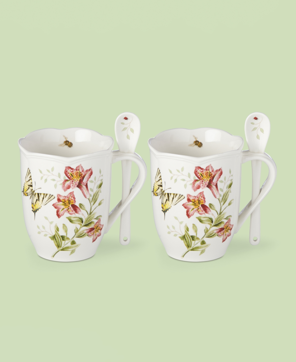 Lenox Butterfly Meadow Set of 2 Cocoa Mugs with Spoons