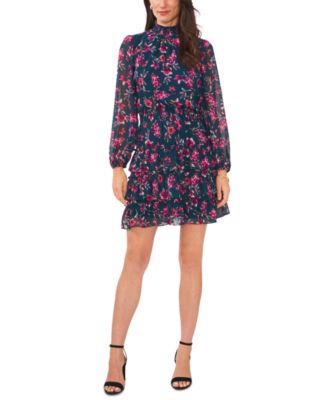 Lovedrobe Damen Minikleid – Hocher Kragen, Langarm Mit Chiffon & Metallic-Folie | Fit And Flare Silhouette Mit Rücken-Schleife