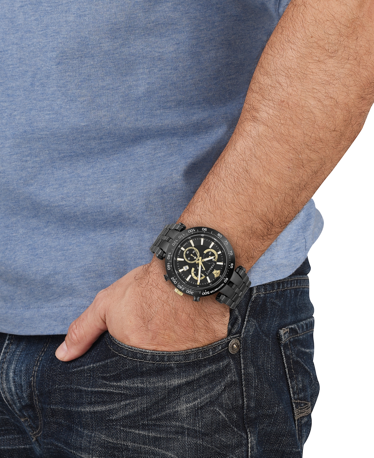Shop Versace Men's Swiss Chronograph Bold Black Ion Plated Bracelet Watch 46mm In Ip Black