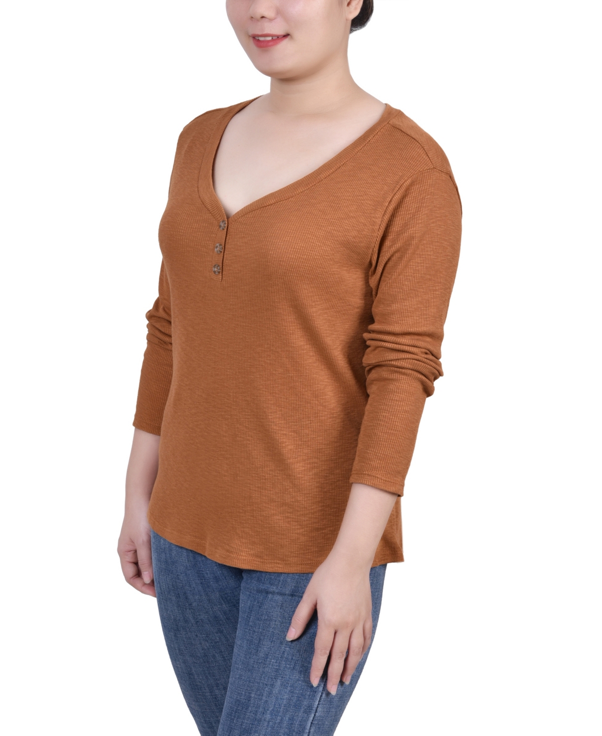 Ny Collection Petite Long Sleeve Ribbed Henley Top