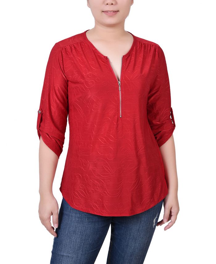 NY Collection Petite 3/4 Roll Tab Zip Front Top - Burgandy