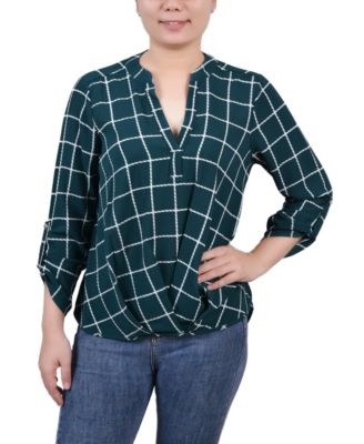 Petite Size 3/4 Push Tab Mandarin Collar Blouse with Front Pleats