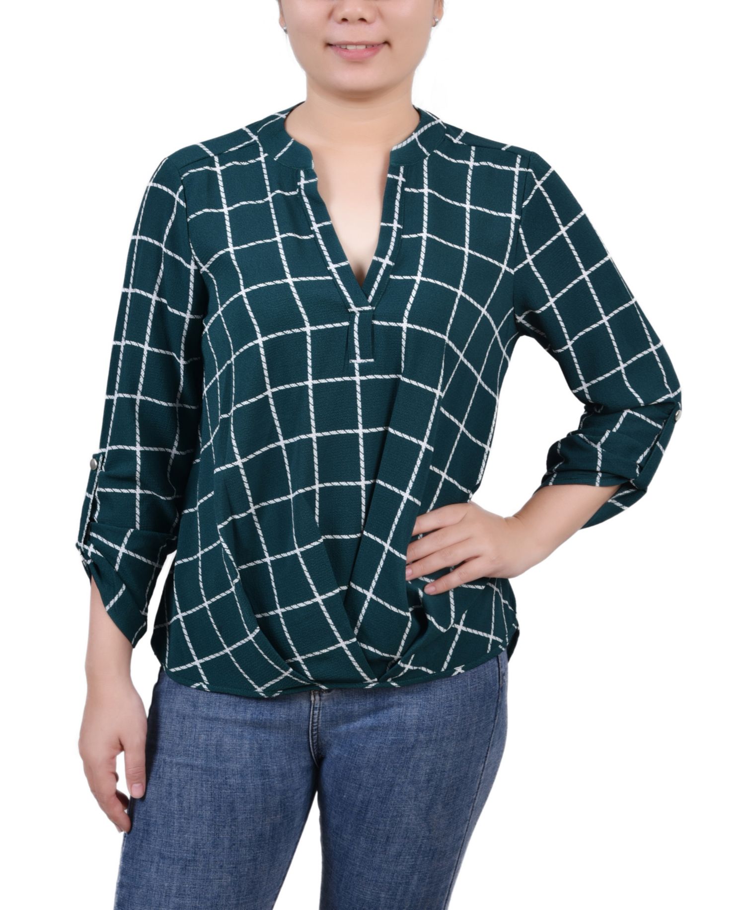 Petite Size 3/4 Push Tab Mandarin Collar Blouse with Front Pleats
