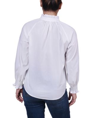 Petite Cinch Sleeve Button Front Blouse