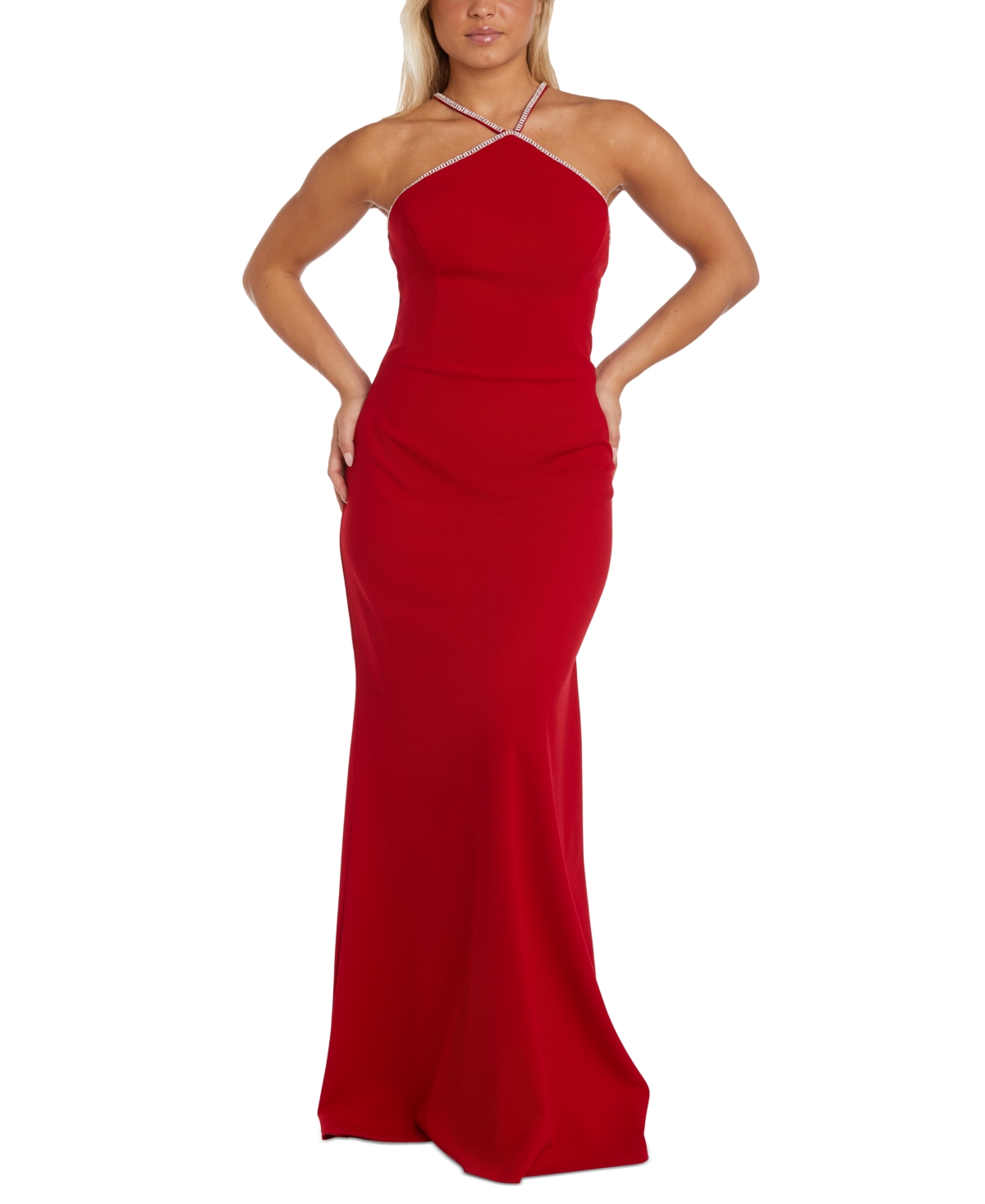 Nightway Petite Embellished Ruched-back Halter Gown In Red