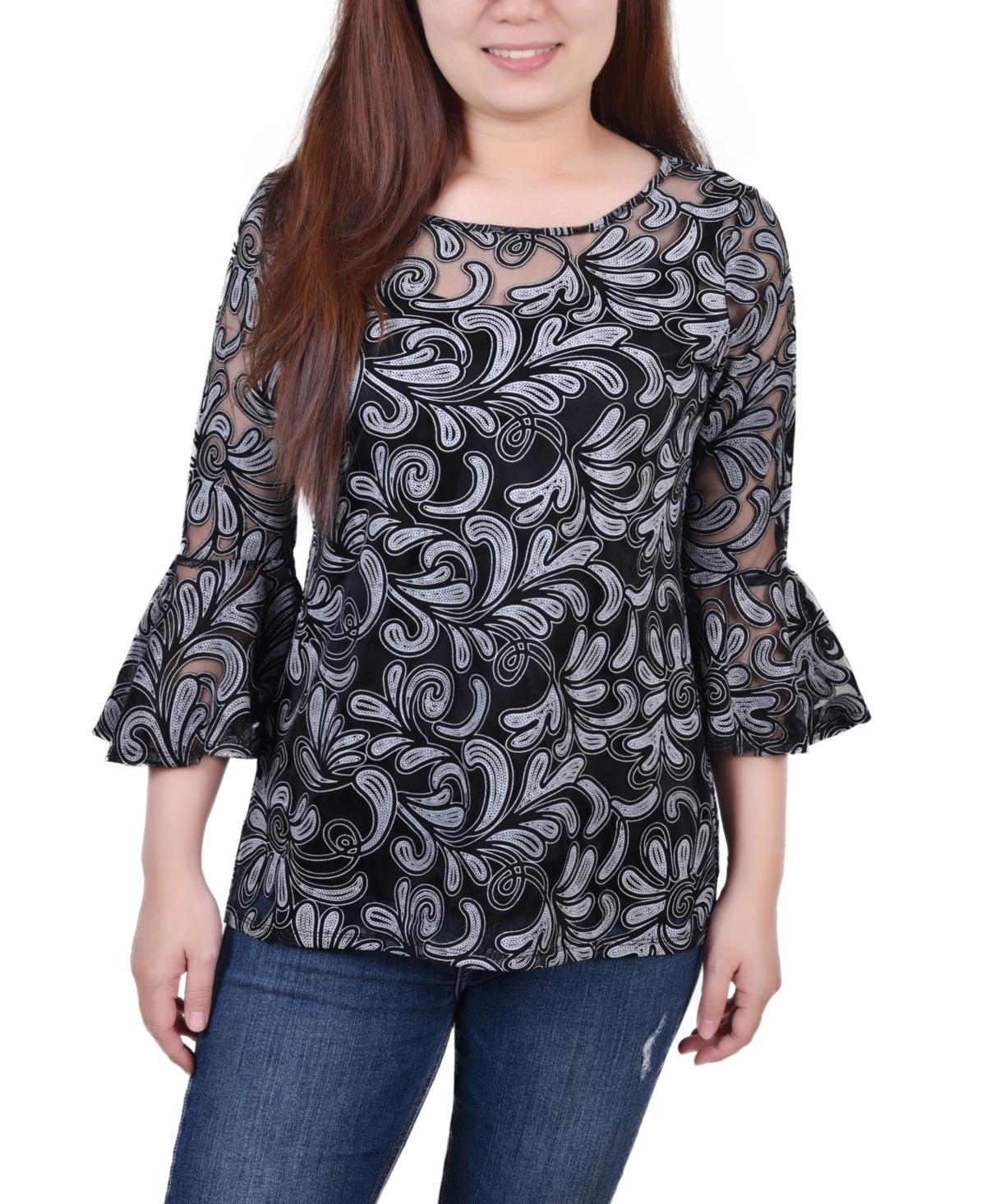Ny Collection Petite Burnout Bell-sleeve Top In Black Scrolleaf