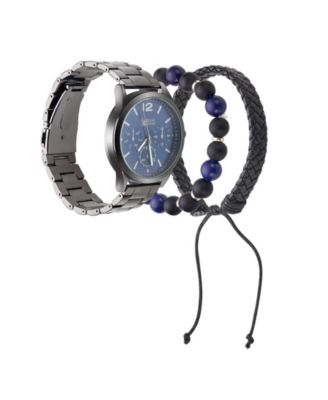 Men's Quartz Movement Shiny Gunmetal Bracelet Analog Watch, 45mm with Stackable Bracelet Set and Zippered Travel Pouch