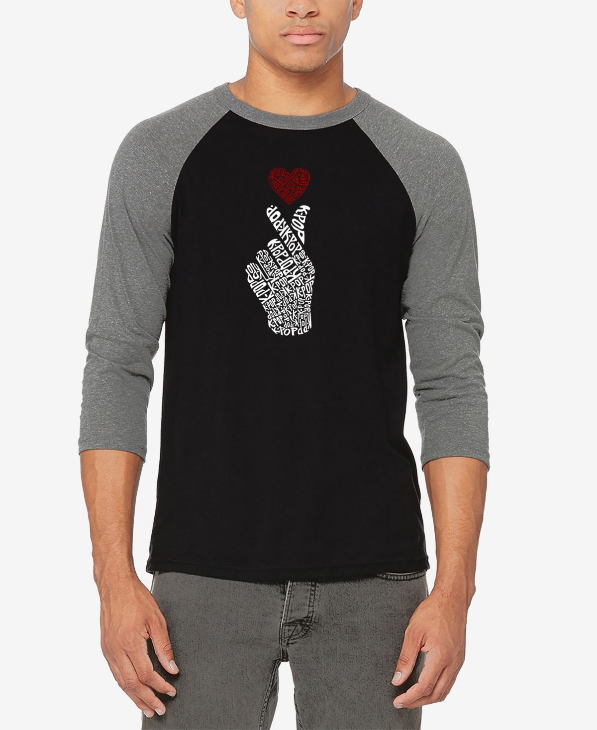 La Pop Art Men's Raglan Baseball 3/4 Sleeve K-Pop Word Art T-shirt - Black