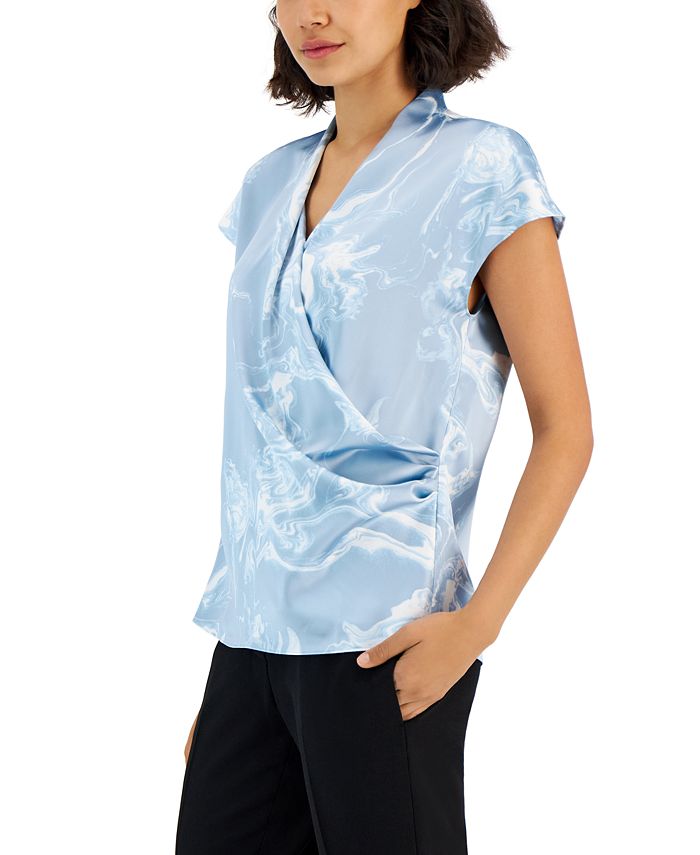 Printed Woven Short Sleeve Surplice Top