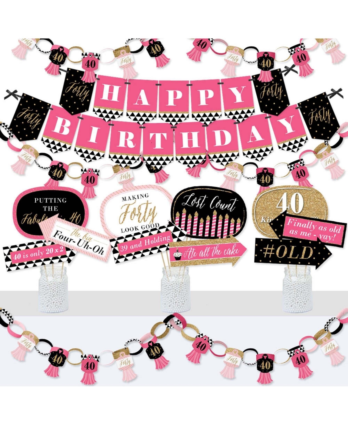 Big Dot of Happiness Chic 40th Birthday - Pink, Black and Gold - Banner and Photo Booth Decorations - Birthday Party Supplies Kit - Doterrific Bundle