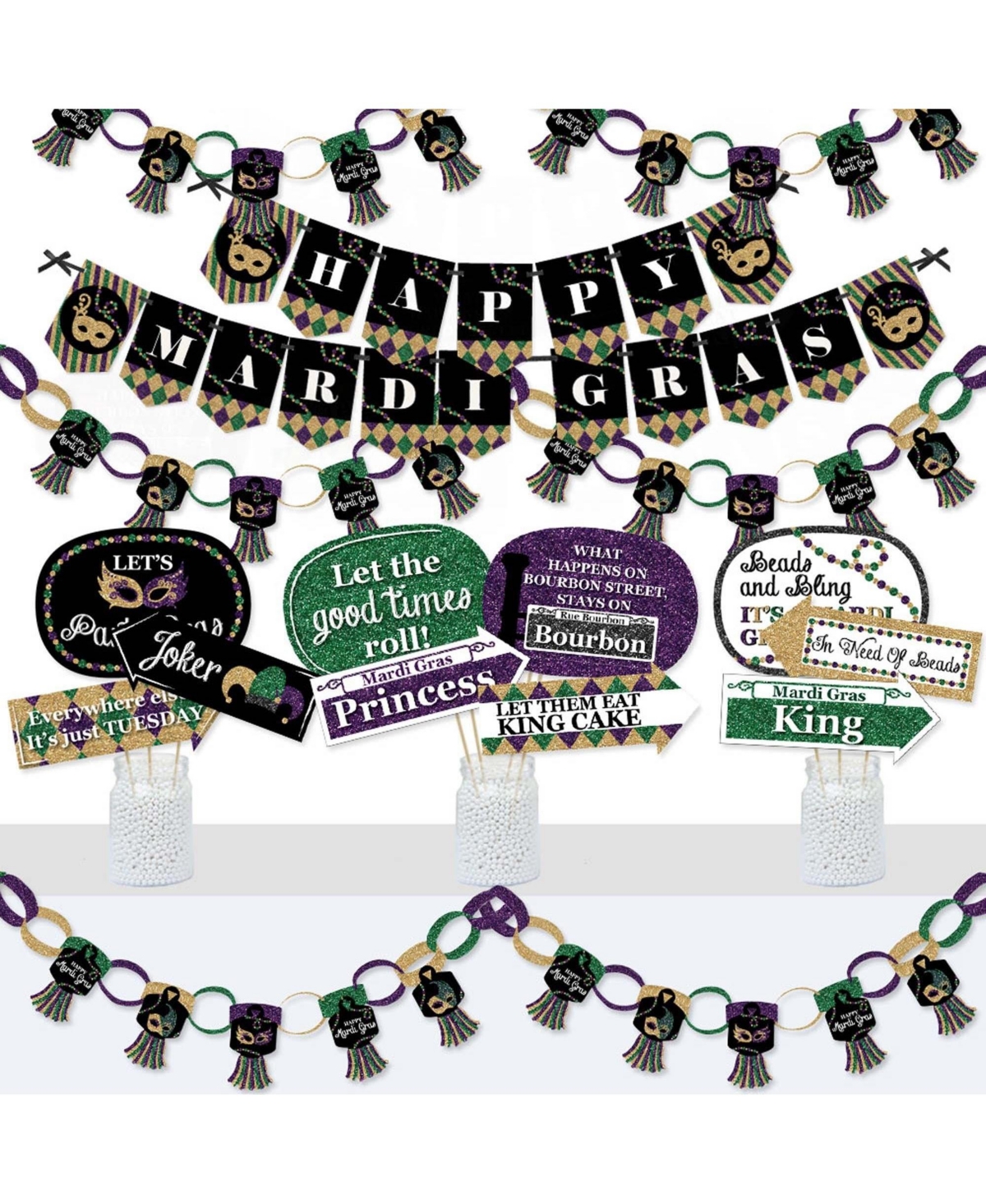 Big Dot of Happiness Mardi Gras - Banner and Photo Booth Decorations - Masquerade Party Supplies Kit - Doterrific Bundle