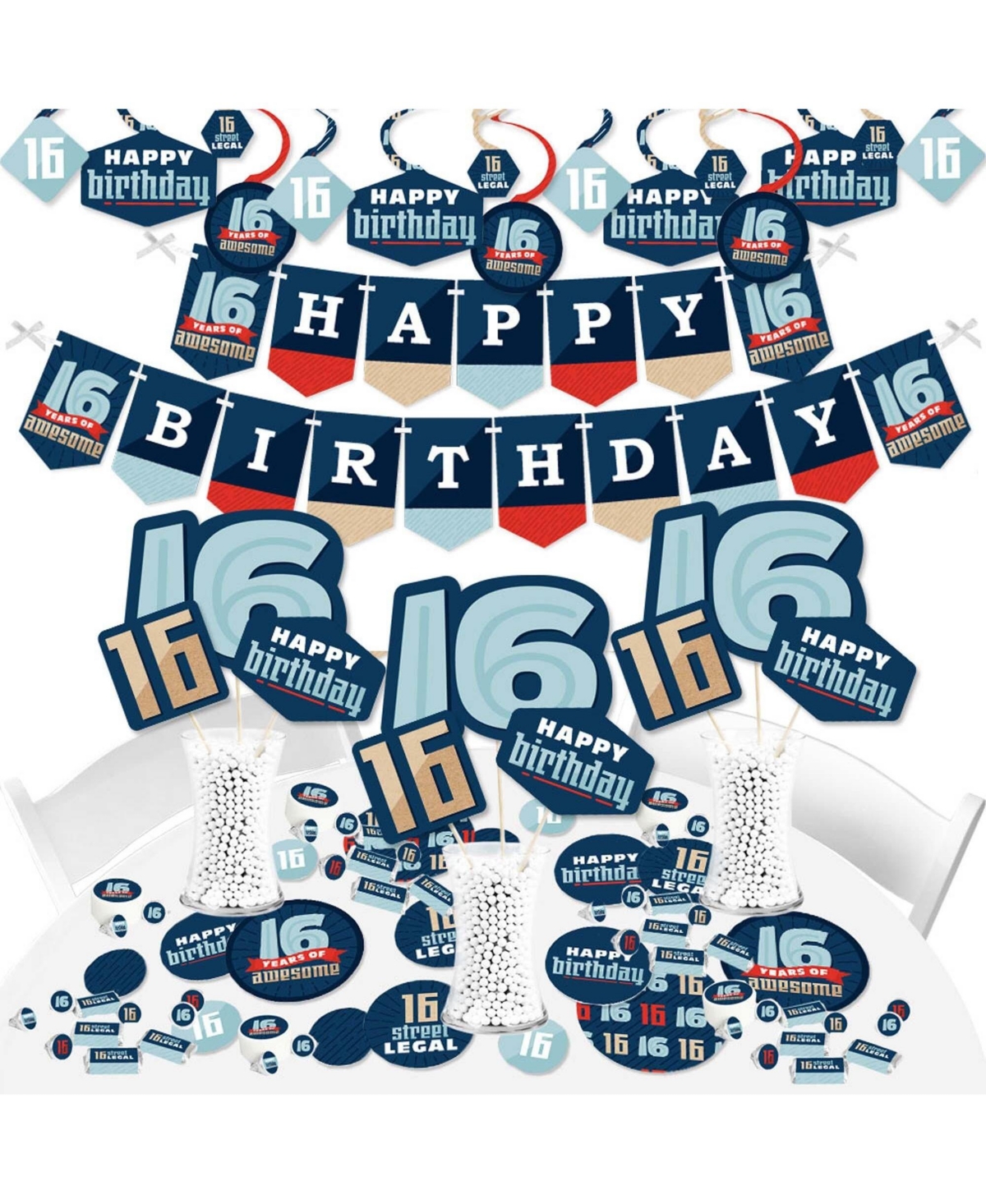 Boy 16th Birthday - Sixteen Party Supplies - Banner Decoration Kit Fundle Bundle
