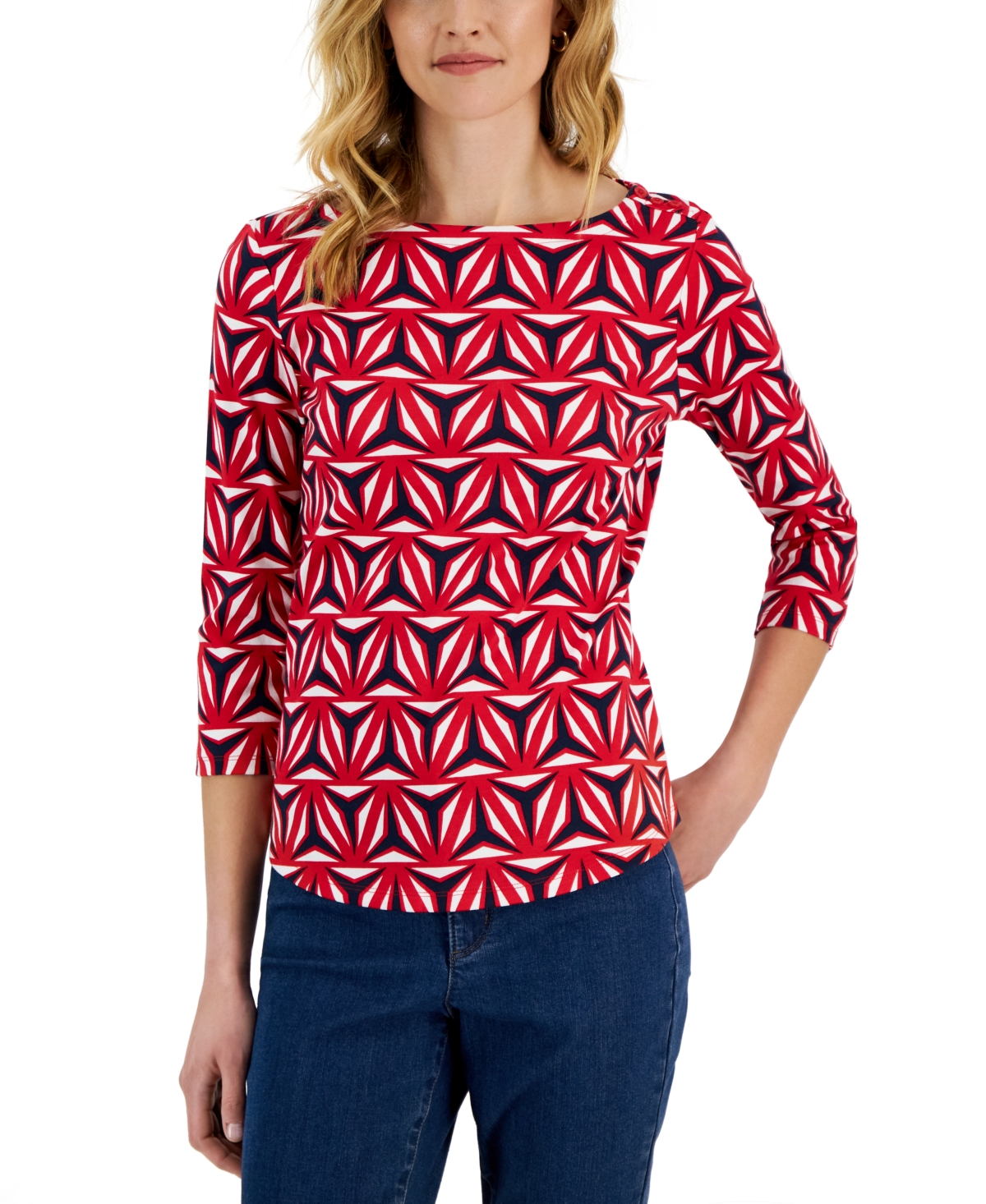 Charter Club Women's Printed Boat-Neck 3/4-Sleeve Top, Created for Macy's