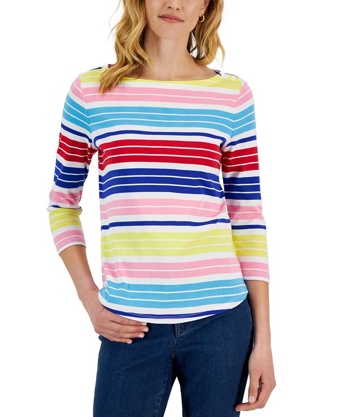 Charter Club Petite Cotton Striped 3/4-Sleeve T-Shirt, Created for Macy ...