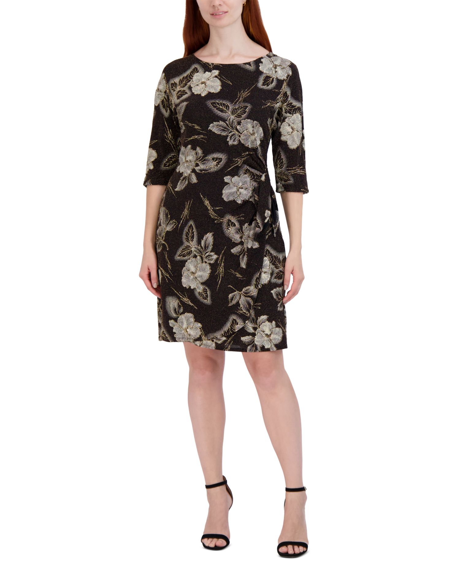 Plus Size Floral-Print Side-Knot 3/4-Sleeve Sheath Dress