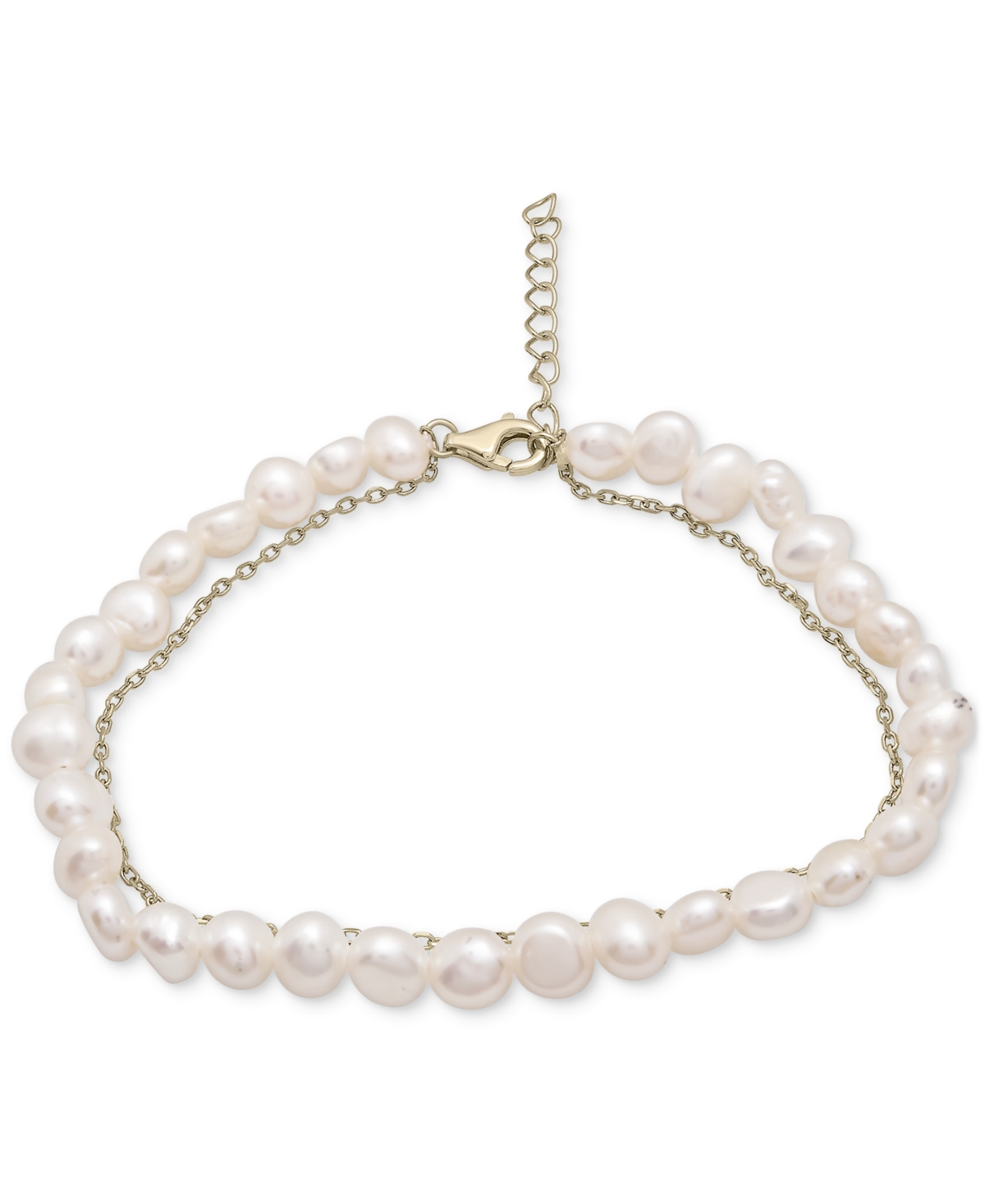Macy's Cultured Freshwater Pearl (4mm) & Chain Link Layered Bracelet In 14k Gold-plated Sterling Silver In Gold Over Sterling Silver