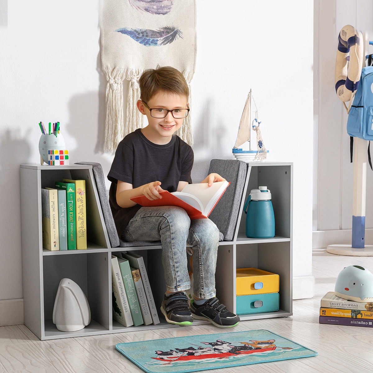 Homcom Cubby for Kids with Comfy Lounge Chair and Large Cube Shelves