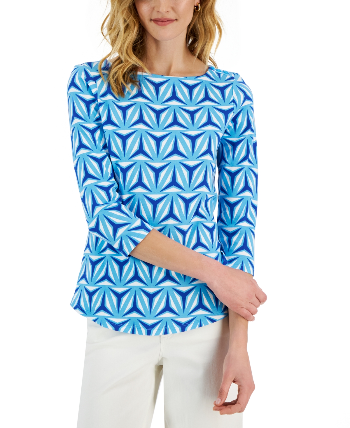 Charter Club Women's Printed Boat-Neck 3/4-Sleeve Top, Created for Macy's