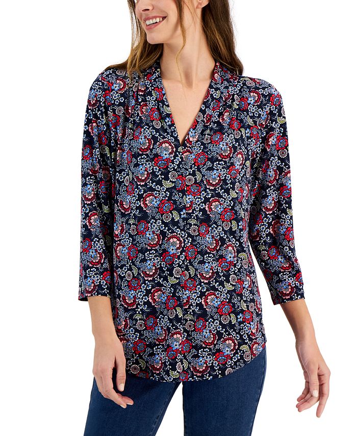 Charter Club Petite Printed V-Neck 3/4-Sleeve Top, Created for Macy's ...