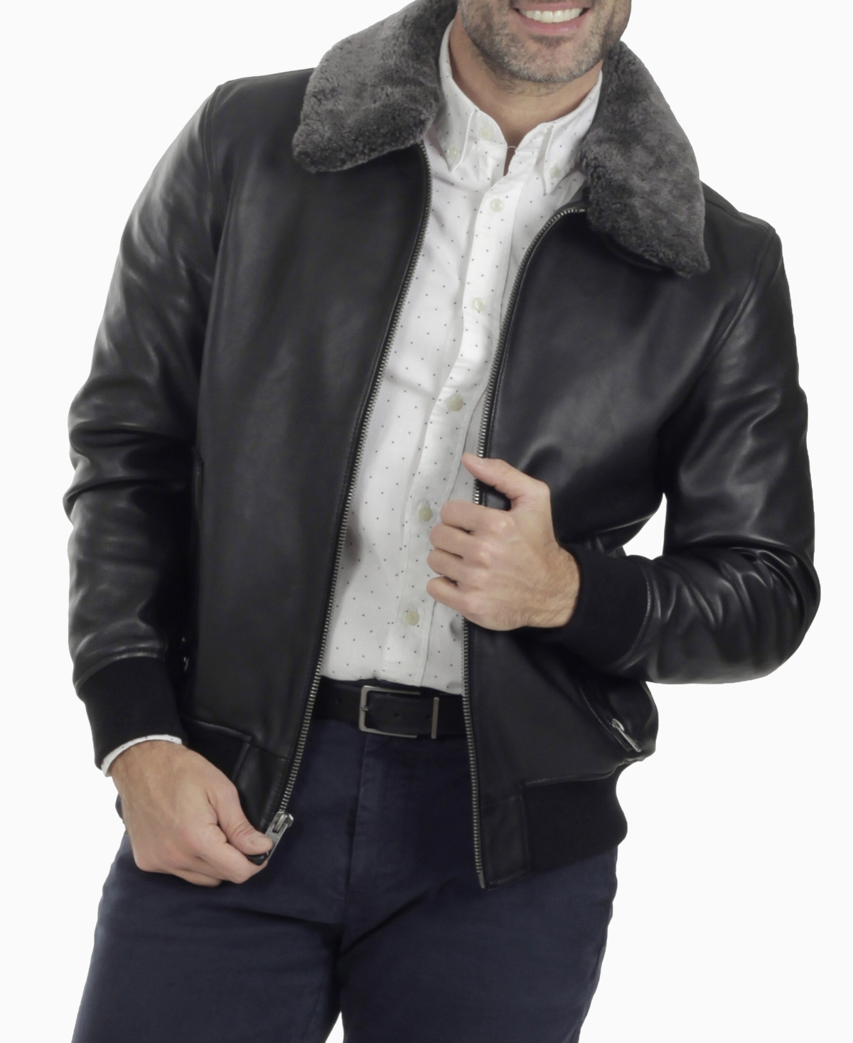 Men's Removable-Collar Leather Bomber Jacket - Dark Brown
