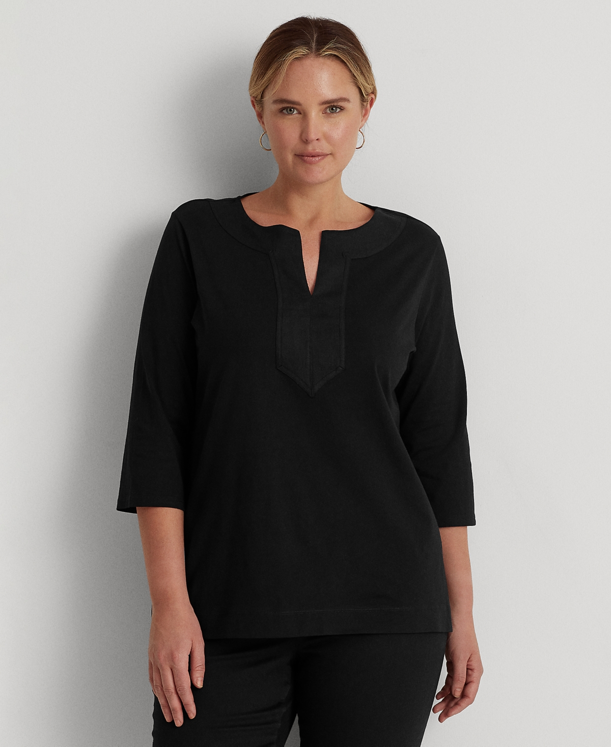 Lauren Ralph Lauren Women's Plus Size Split-neck Three-quarter Sleeve Cotton Tunic In Black