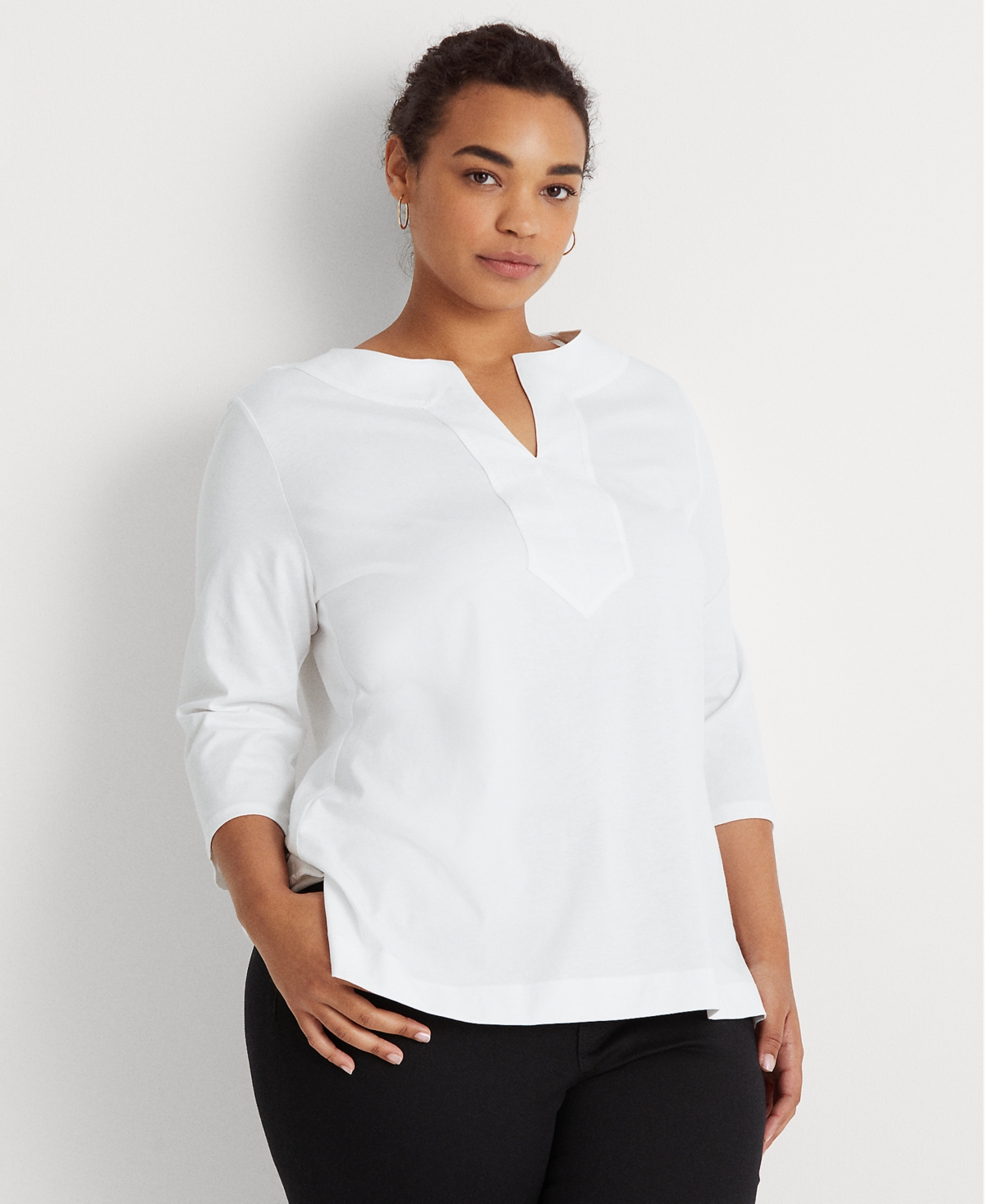 Lauren Ralph Lauren Women's Plus Size Split-neck Three-quarter Sleeve Cotton Tunic In White